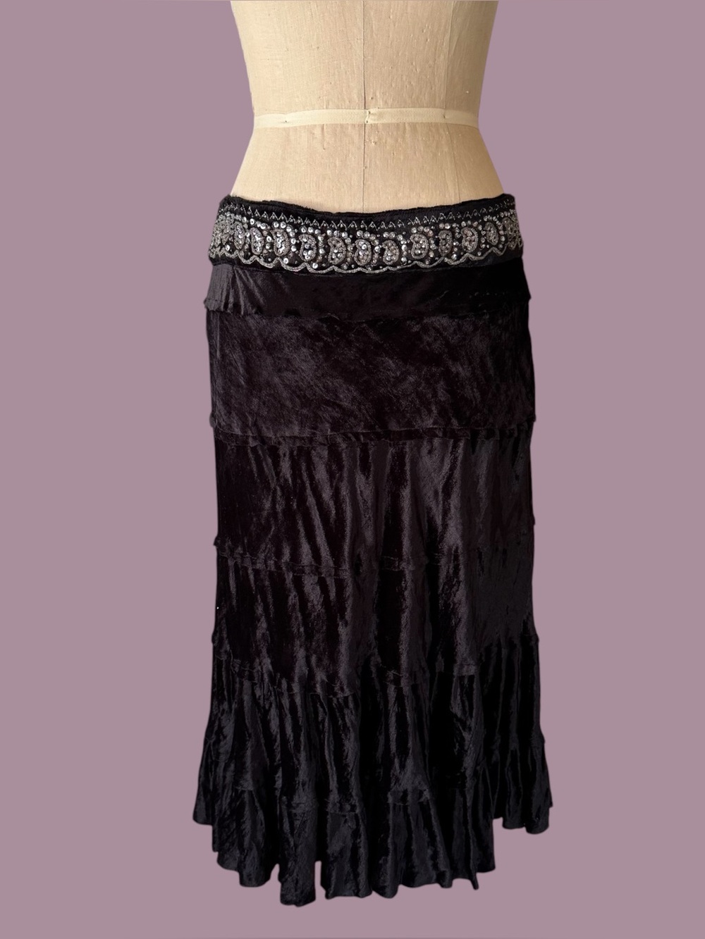 Vintage Y2K Mix Nouveau Black Velvet Beaded Maxi Skirt